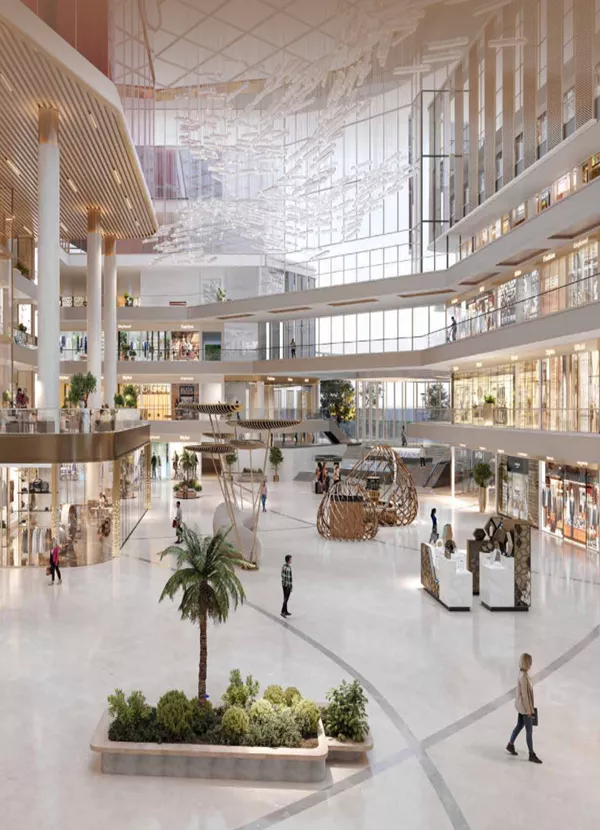 Luxury mall interior with high ceilings, glass facade, and contemporary retail layout